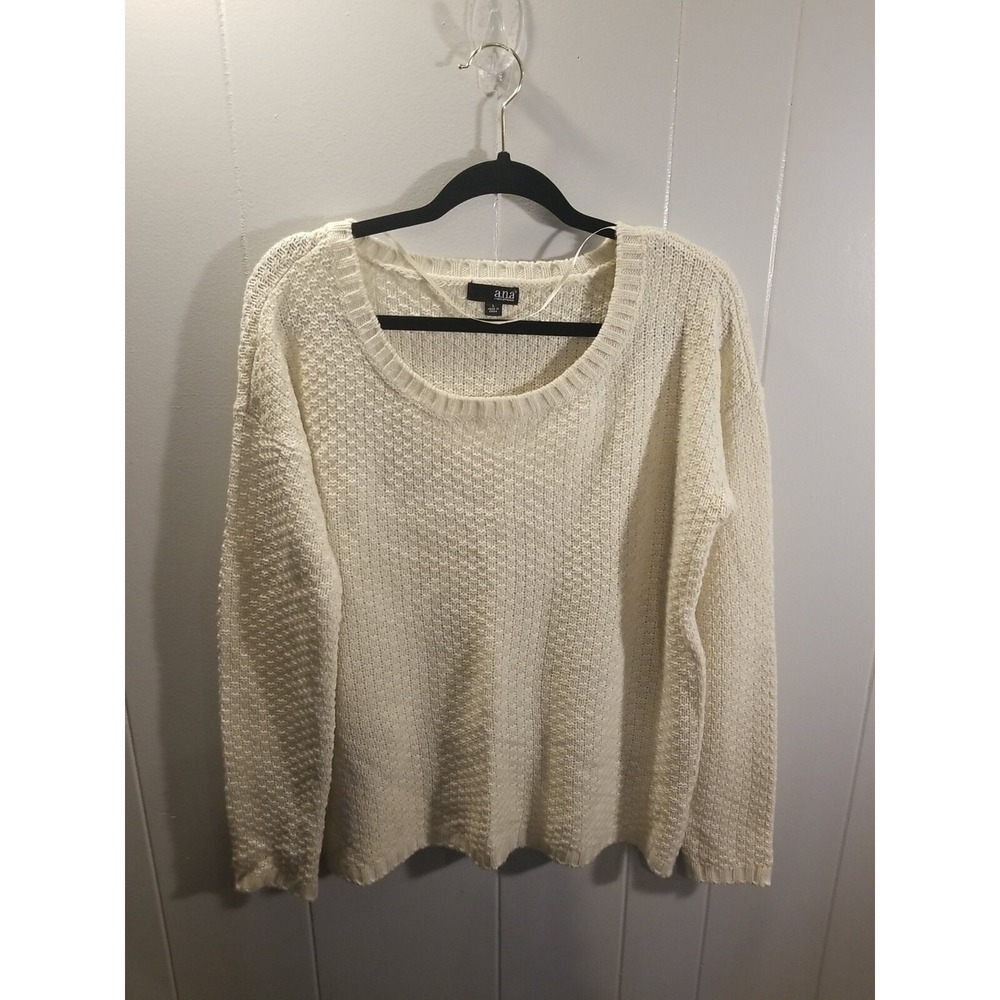 Ana Women's L Ivory Textured Knit Pullover Sweater‎ Cozy Coastal Beachy